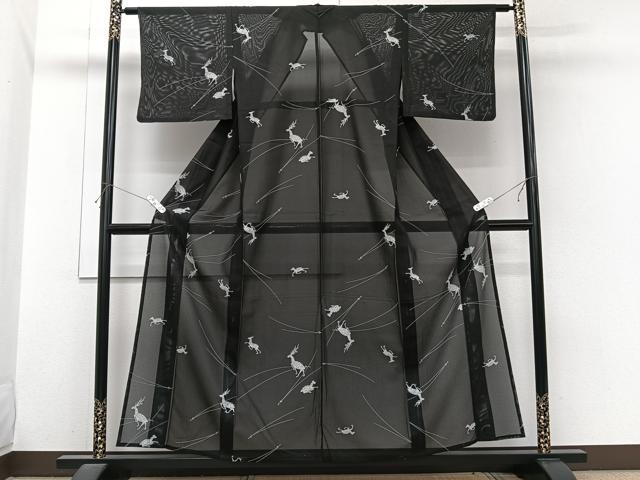 平和屋着物*夏物 小紋 絽 鹿 黒地 洗える着物 CABI3840xi