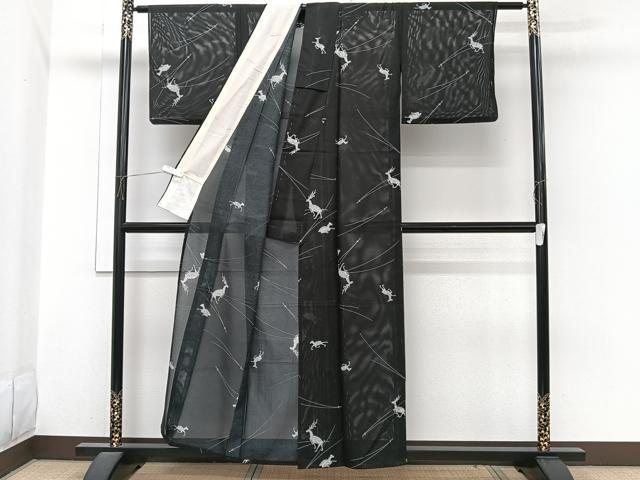 平和屋着物*夏物 小紋 絽 鹿 黒地 洗える着物 CABI3840xi