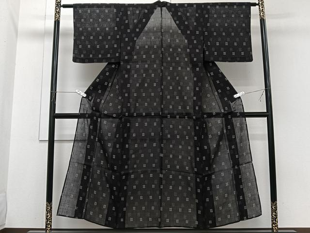 平和屋着物*夏物 小紋 紗紬 井桁絣 黒地 正絹 逸品 CABI3842xi
