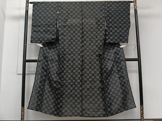 平和屋着物*夏物 上布 市松文 黒地 麻 逸品 CABI3845xi
