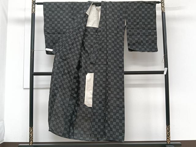 平和屋着物*夏物 上布 市松文 黒地 麻 逸品 CABI3845xi