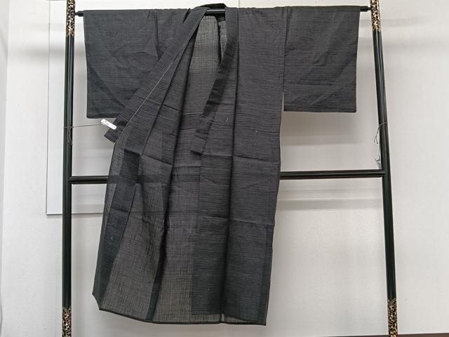 平和屋着物*夏物 男性 石川県指定無形文化財 能登上布 本麻手織上布 幾何学文 黒地 麻 逸品 CABI3847xi