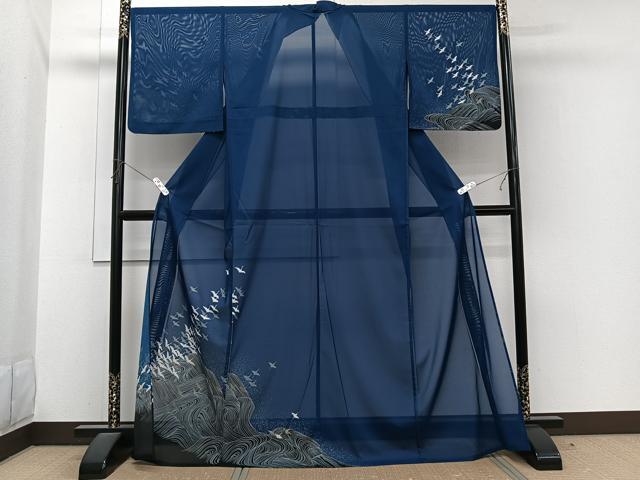 平和屋着物*夏物 訪問着 絽 立波飛鶴文 月 金銀彩 洗える着物 CABI3864xi