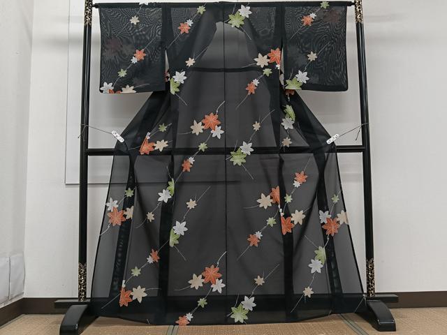 平和屋着物*夏物 小紋 絽 枝楓文 黒地 洗える着物 CABI3897xi