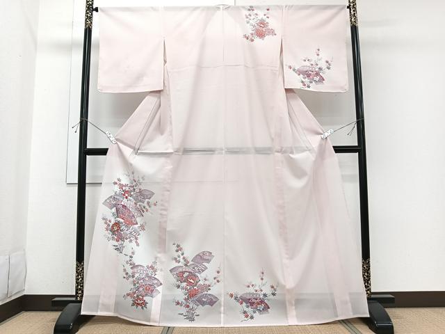 平和屋着物*夏物 訪問着 絽 地紙飛鶴草花文 金彩 洗える着物 未使用 CABI3899xi