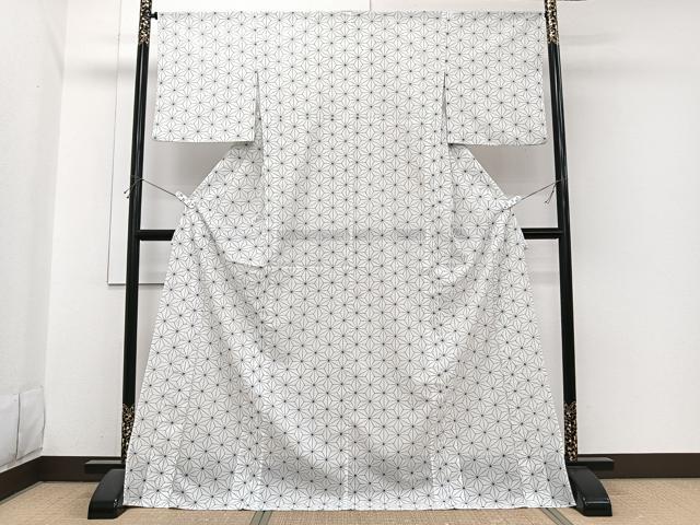 平和屋着物*夏物 小紋 絽 麻の葉文 ロング丈 洗える着物 CABI3909xi
