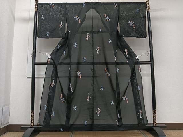 平和屋着物*夏物 小紋 絽 人物文 黒地 洗える着物 CABI3911xi