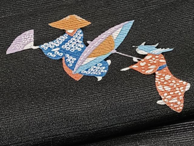 平和屋着物*夏物 小紋 絽 人物文 黒地 洗える着物 CABI3911xi