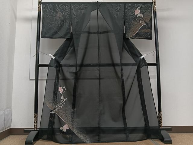 平和屋着物*夏物 訪問着 絽 羽花文 黒地 金彩 洗える着物 CABI3917xi