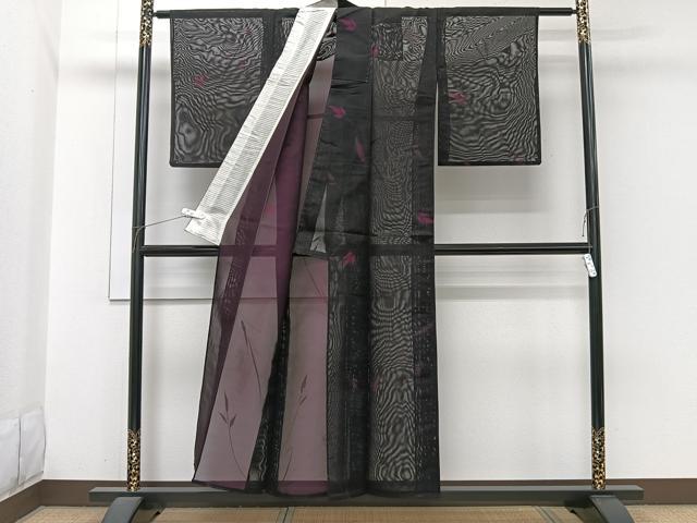 平和屋着物*夏物 小紋 紗 枝花文 黒地 正絹 逸品 CABI3920xi