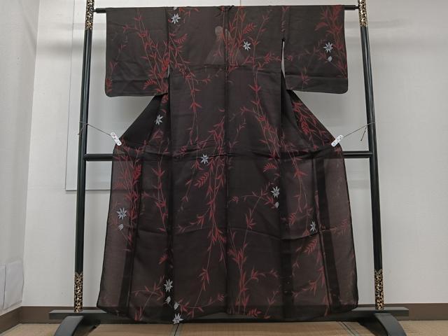 平和屋着物*夏物 小紋 紗 枝草花文 黒地 正絹 逸品 CABI3921xi
