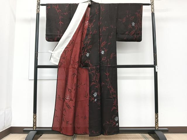 平和屋着物*夏物 小紋 紗 枝草花文 黒地 正絹 逸品 CABI3921xi