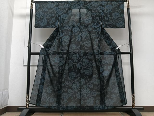 平和屋着物*夏物 小紋 紗 更紗花唐草文 黒地 洗える着物 CABI3926xi