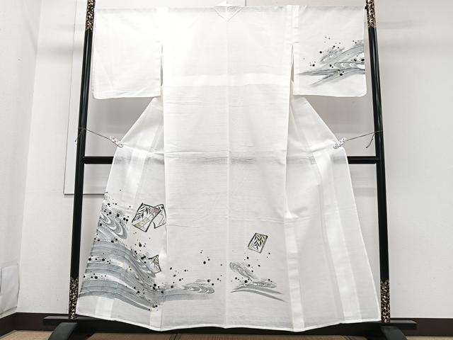 平和屋着物*夏物 訪問着 紗 手描き 色紙立波文 金彩 洗える着物 CABI3942xi