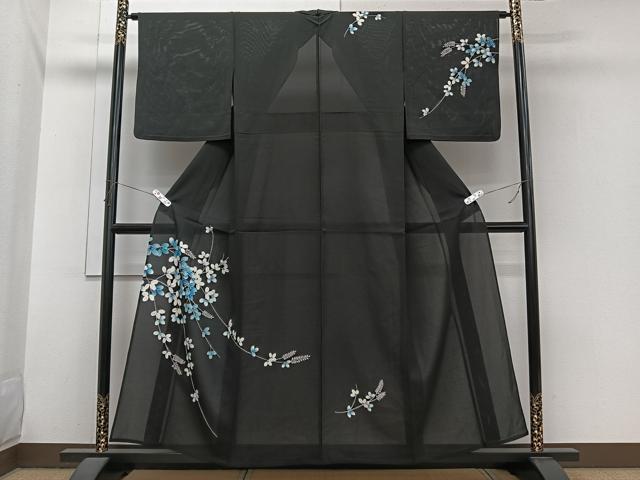 平和屋着物*夏物 訪問着 絽 枝萩文 黒地 銀彩 正絹 逸品 CABI3973xi