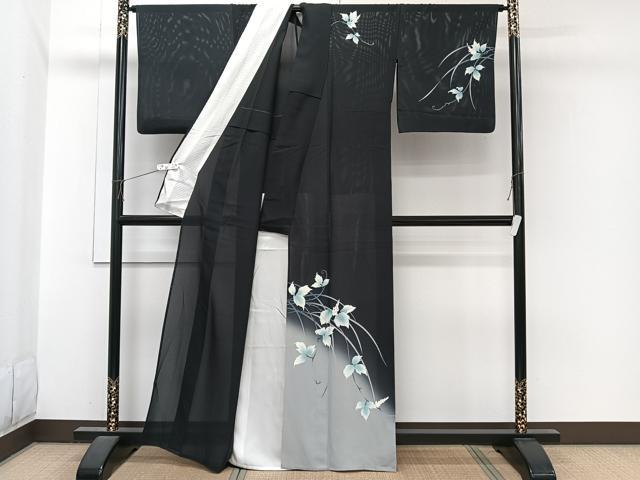 平和屋着物*夏物 訪問着 絽 草花文 暈し染め 黒地 正絹 逸品 CABI3987xi