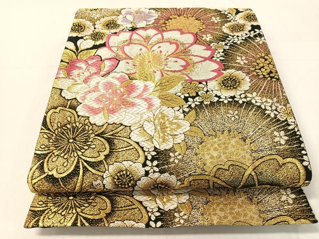 平和屋着物●六通柄袋帯 唐織 舞桜 黒地 金糸 正絹 逸品 CABI4025vp