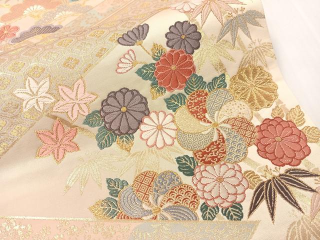 平和屋着物●六通柄袋帯 唐織 松皮菱松竹梅花文 金糸 正絹 逸品 CABI4027vp