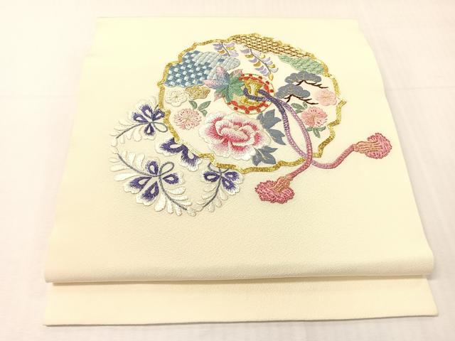 平和屋着物●総刺繍 つけ帯 駒刺繍 鏡裏花文 金糸 正絹 逸品 CABI4035vp