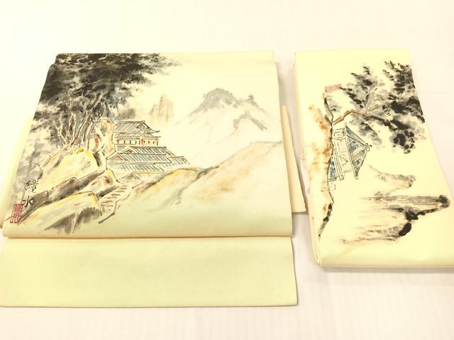 平和屋着物●塩瀬 つけ帯 作家物 手描き 風景文 正絹 逸品 CABI4037vp