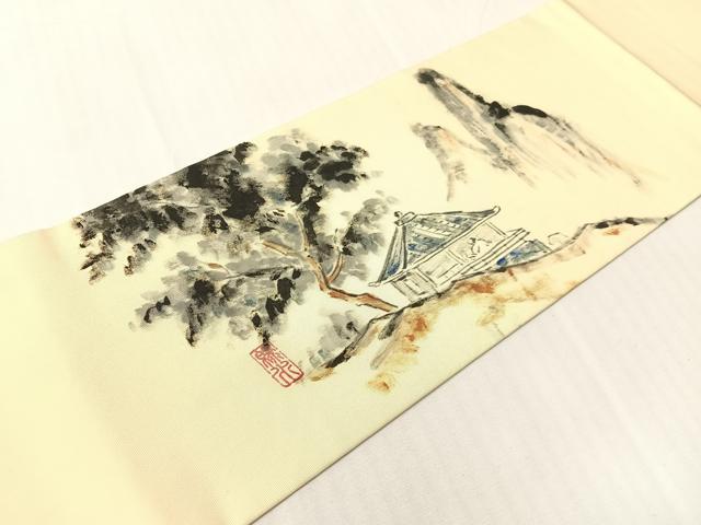 平和屋着物●塩瀬 つけ帯 作家物 手描き 風景文 正絹 逸品 CABI4037vp