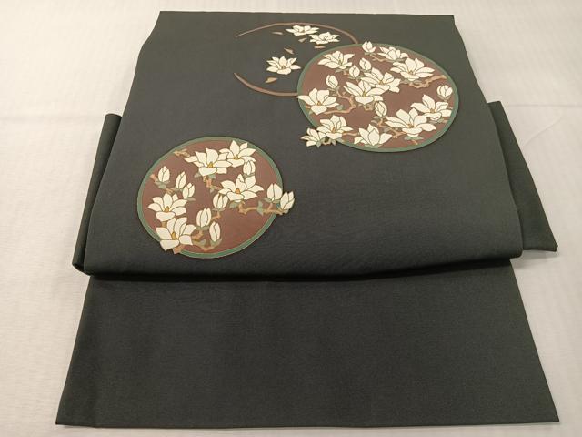 平和屋着物●塩瀬 つけ帯 枝花丸文 黒地 金彩 正絹 逸品 CABI4038vp