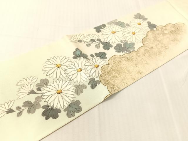 平和屋着物●塩瀬 九寸名古屋帯 手描き 雲取り菊文 金彩 正絹 逸品 CABI4042vp