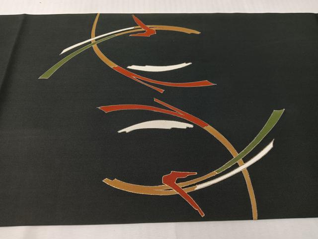平和屋着物●塩瀬 九寸開き名古屋帯 刺繍 五泉 吉祥文 黒地 金彩 正絹 逸品 CABI4043vp