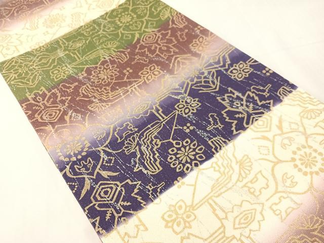 平和屋着物●全通柄袋帯 更紗鳥文 銀通し地 長尺 正絹 逸品 未使用 CABI4059vp