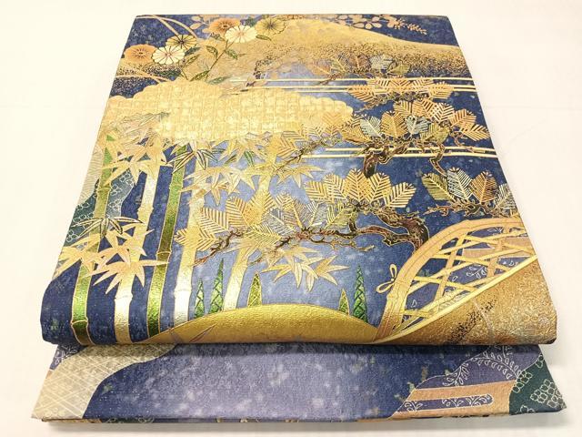 平和屋着物●両面 全通柄袋帯 道長松竹花文 銀通し地 正絹 逸品 CABI4063vp