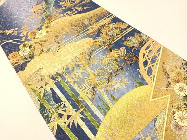平和屋着物●両面 全通柄袋帯 道長松竹花文 銀通し地 正絹 逸品 CABI4063vp