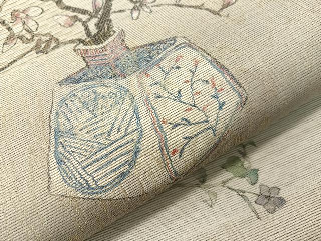 平和屋着物▽太鼓柄袋帯 スリーシーズン 春夏秋 櫛織 陶器花文 金糸 正絹 逸品 CABI4075vp
