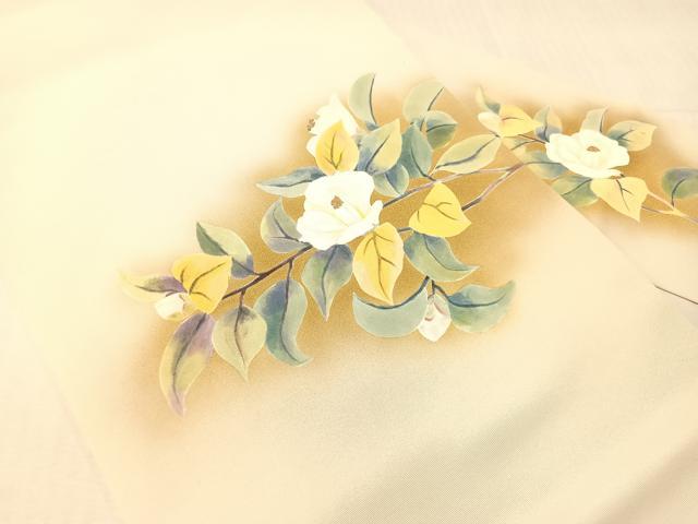 平和屋着物●塩瀬 九寸名古屋帯 作家物 手描き 枝椿 金彩 正絹 逸品 CABI4076vp
