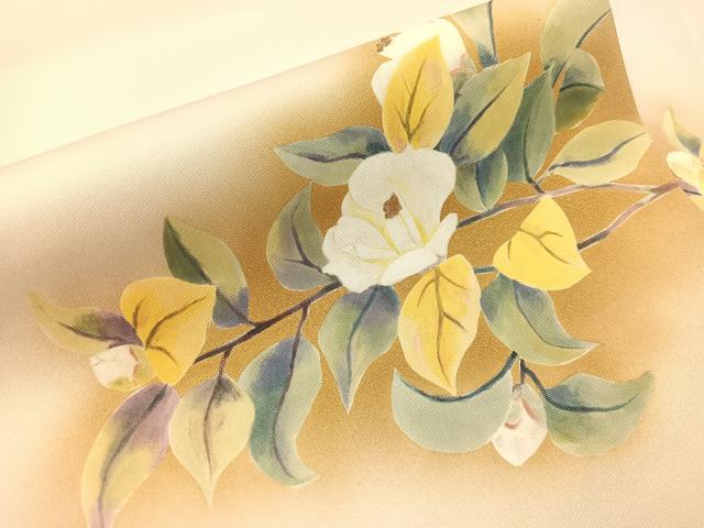 平和屋着物●塩瀬 九寸名古屋帯 作家物 手描き 枝椿 金彩 正絹 逸品 CABI4076vp