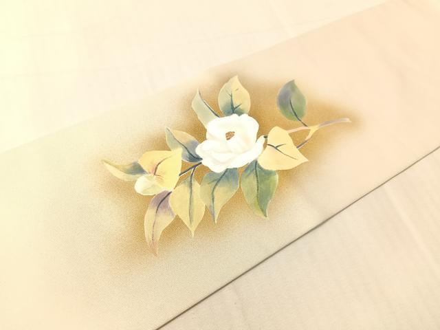 平和屋着物●塩瀬 九寸名古屋帯 作家物 手描き 枝椿 金彩 正絹 逸品 CABI4076vp