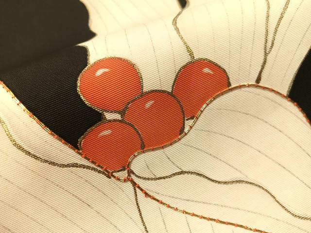 平和屋着物●塩瀬 九寸名古屋帯 駒刺繍 花 黒地 金彩 正絹 逸品 CABI4078vp