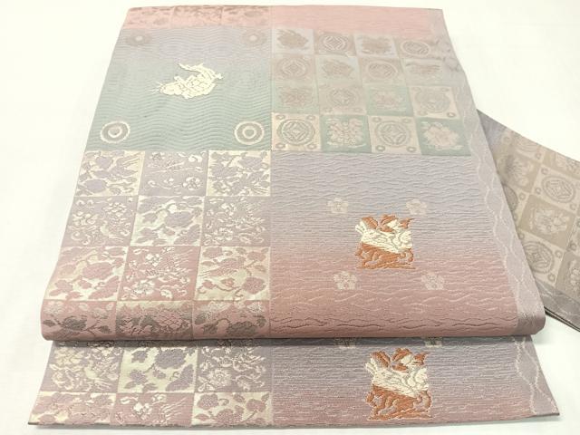 平和屋着物●九寸名古屋帯 唐織 市松花兎 金糸 正絹 逸品 CABI4082vp