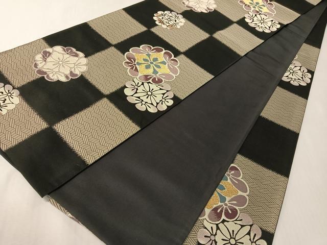 平和屋着物●六通柄袋帯 唐織 市松花文 黒地 正絹 逸品 CABI4108vp
