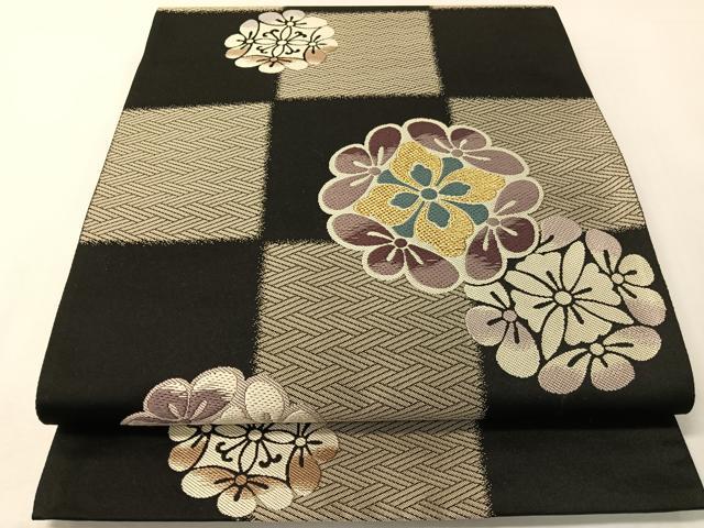 平和屋着物●六通柄袋帯 唐織 市松花文 黒地 正絹 逸品 CABI4108vp