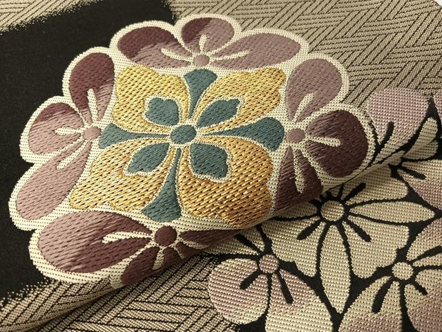 平和屋着物●六通柄袋帯 唐織 市松花文 黒地 正絹 逸品 CABI4108vp