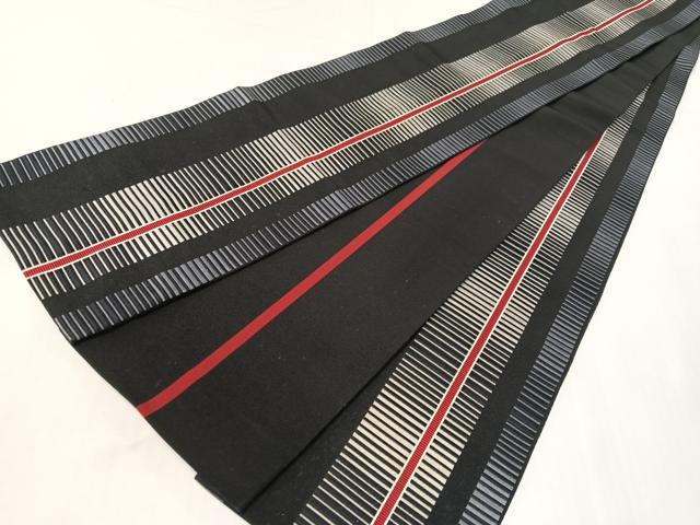 平和屋着物●本場筑前博多織 半幅帯 間道 黒地 正絹 逸品 CABI4121vp