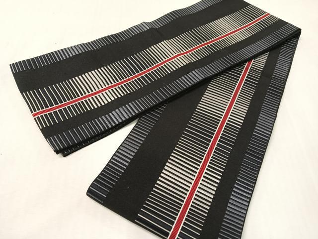 平和屋着物●本場筑前博多織 半幅帯 間道 黒地 正絹 逸品 CABI4121vp