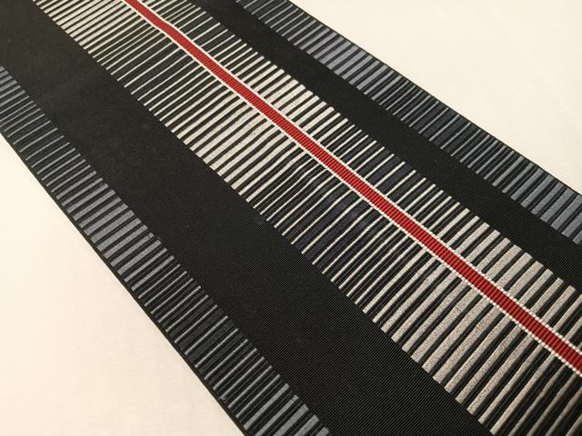 平和屋着物●本場筑前博多織 半幅帯 間道 黒地 正絹 逸品 CABI4121vp