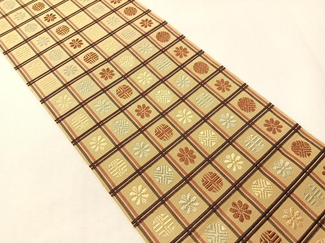 平和屋着物●本場筑前博多織 半幅帯 格子花文 正絹 逸品 CABI4123vp