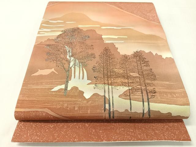 平和屋着物●本場縞大島紬 両面 太鼓柄袋帯 遠山風景文 銀彩 正絹 逸品 CABI4144vp