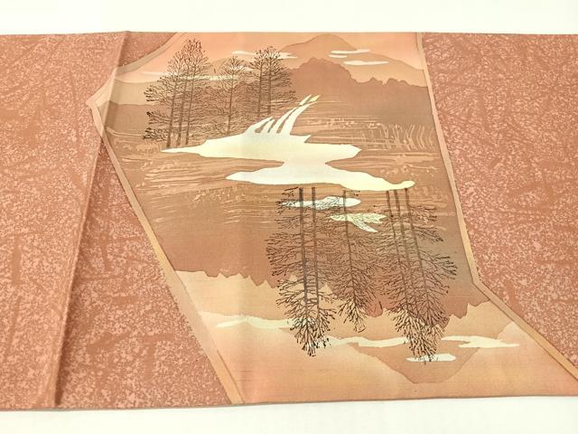 平和屋着物●本場縞大島紬 両面 太鼓柄袋帯 遠山風景文 銀彩 正絹 逸品 CABI4144vp