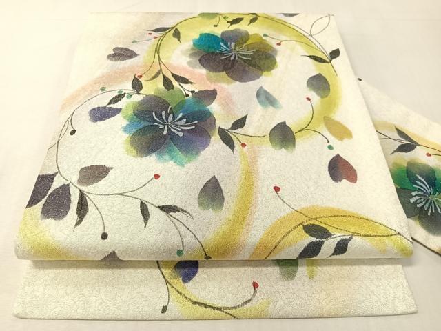 平和屋着物●九寸名古屋帯 手描き 草花丸文 銀通し地 正絹 逸品 CABI4151vp