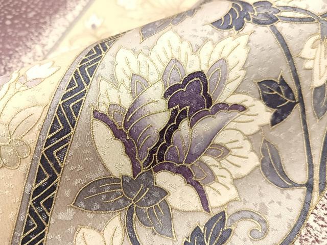 平和屋着物●太鼓柄袋帯 作家物 刺繍 更紗唐草文 銀通し地 正絹 逸品 CABI4154vp