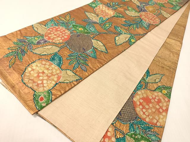 平和屋着物●六通柄袋帯 紬地 絞り 草花文 金彩 正絹 逸品 CABI4167vp