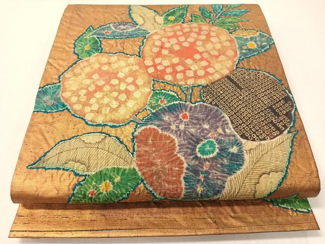 平和屋着物●六通柄袋帯 紬地 絞り 草花文 金彩 正絹 逸品 CABI4167vp